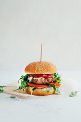close-up of a burger on a white background