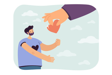 Huge hand giving heart to heartless man. Male character with hole in shape of heart in chest flat vector illustration. Love, valentine day, care concept for banner, website design or landing web page