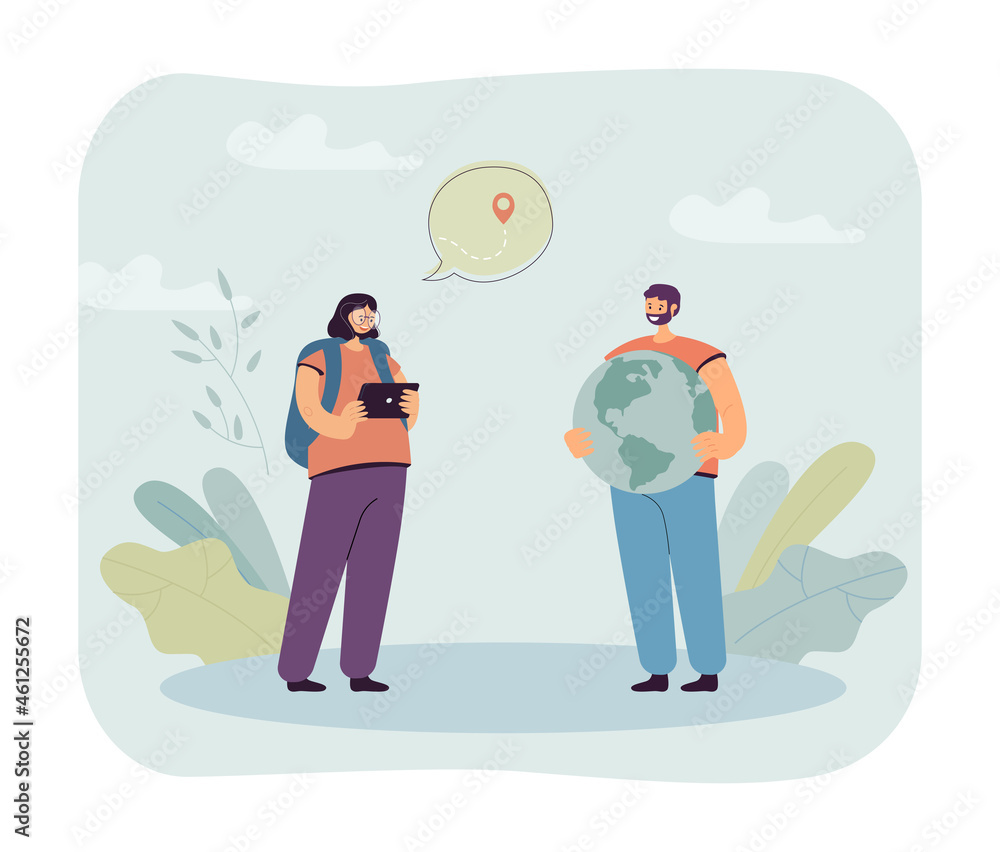 Poster tourists using navigation app in tablet or navigator with map. woman and man exploring globe flat ve