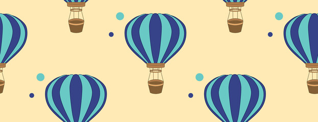 Hot air balloons. Seamless pattern with blue aerostats on a yellow background. balloons in the style of flat. gift wrap, print, textile, background