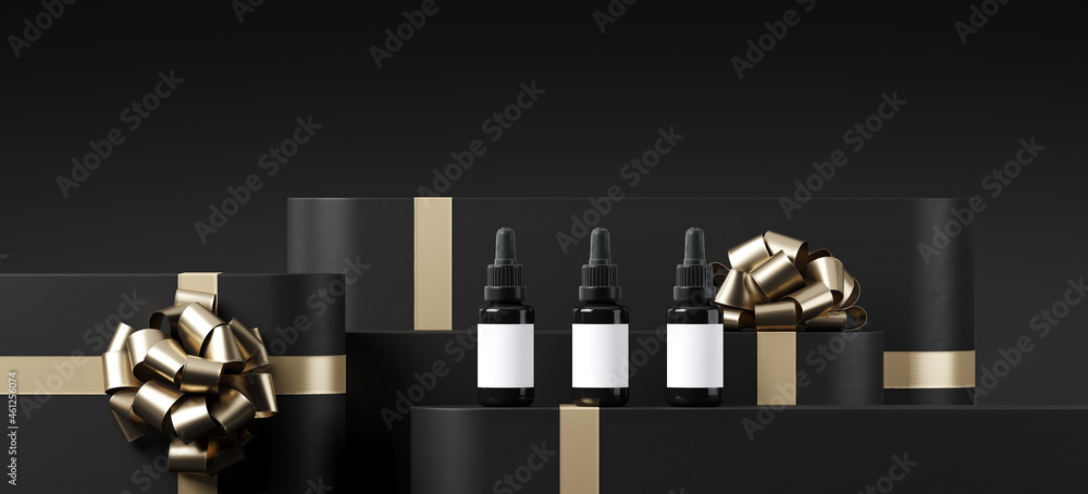 Poster minimal product background for black friday and sale event concept. black gift box with golden ribbo