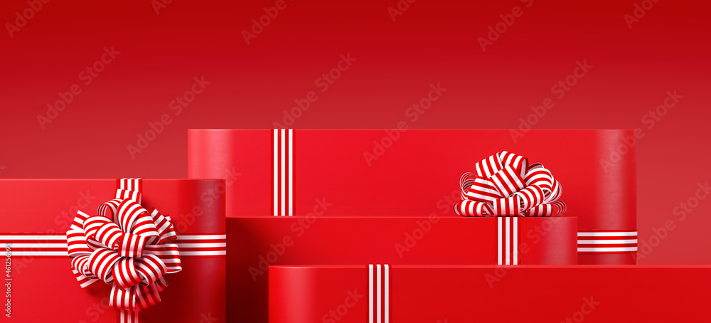 Poster minimal winter product background for christmas, new year and sale event concept. red gift box with 