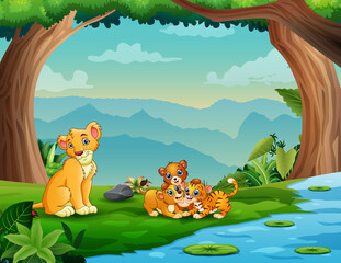 Cartoon lions and tiger playing by the river