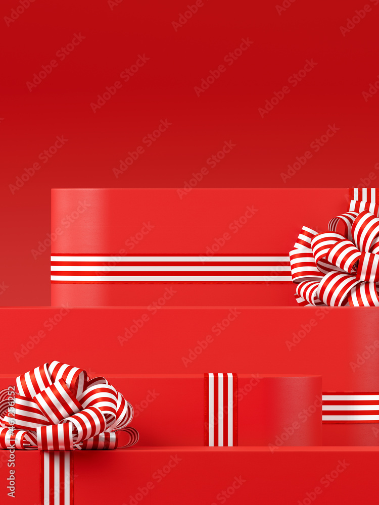 Poster minimal winter product background for christmas, new year and sale event concept. red gift box with 