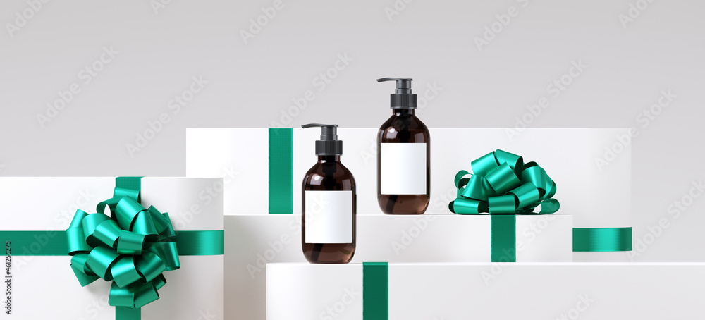 Poster minimal product background for christmas, new year and sale event concept. white gift box with green