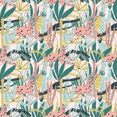 Vector seamless pattern with leopard, plants, jungle leaves, snags.Template for paper, cover print design