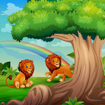 Cartoon two lions playing under the big tree