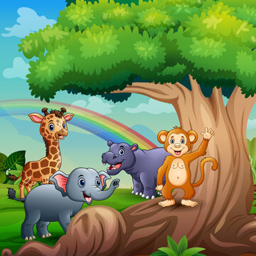 Cartoon five animals playing under the big tree
