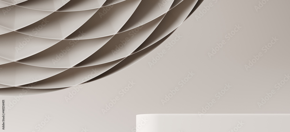 Poster minimal abstract background for product presentation. grey paper honeycomb ball with cosmetic podium