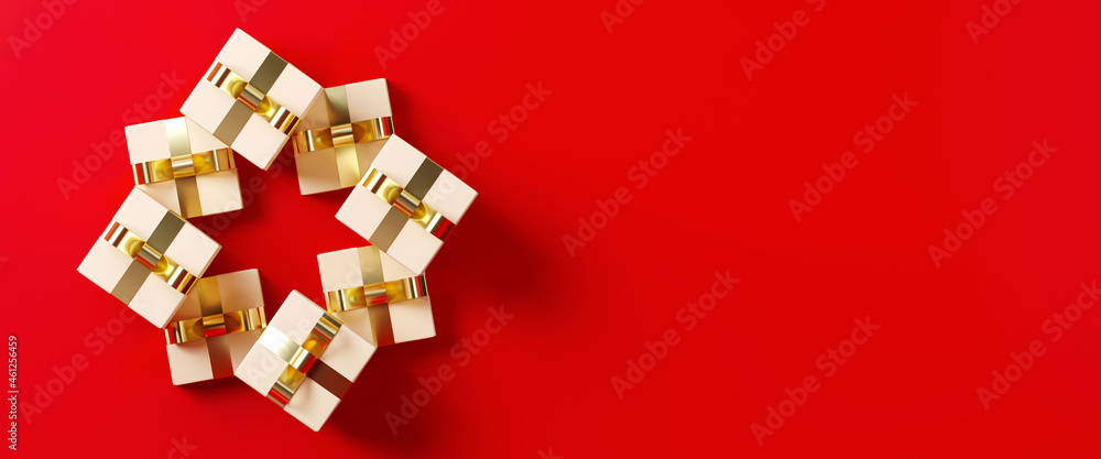 Poster merry christmas web banner. beige gift box on red background. 3d rendering illustration. clipping pa