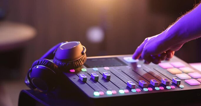 Podcast recording, audio microphone. Voice record on media studio for broadcasting sound. Podcasting mic speech or interview. Host speaker live host with headphones vocal recording