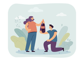 Happy couple holding bottle of wine together. Male character on knee offering alcohol to girl flat vector illustration. Weekend party, date concept for banner, website design or landing web page