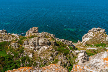 The Dzhangul landslide tract on the western coast of Crimea. Picturesque seascape with azure water