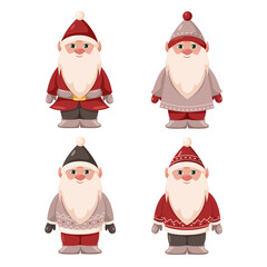 Christmas gnomes, cute festive characters in Christmas hats, dwarfs in red and gray suits, sweaters