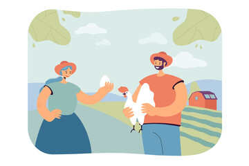 Farmers holding fresh egg and broiler chicken in hands. Eco organic poultry production flat vector illustration. Farm food, agriculture concept concept for banner, website design or landing web page