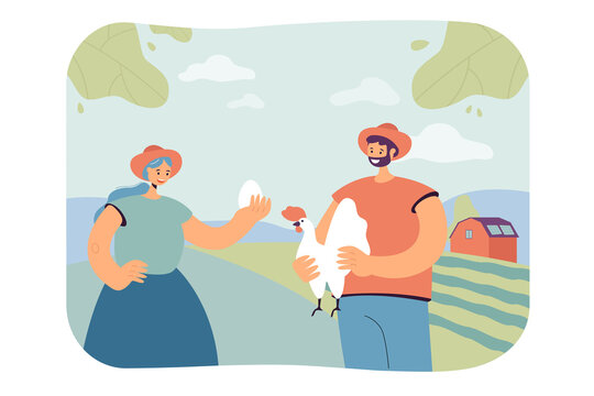 Farmers holding fresh egg and broiler chicken in hands. Eco organic poultry production flat vector illustration. Farm food, agriculture concept concept for banner, website design or landing web page