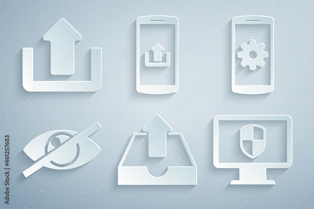 Poster set upload inbox, setting on smartphone, invisible or hide, monitor and shield, smartphone with uplo