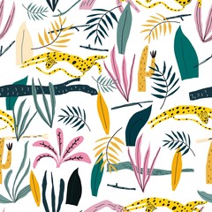 Vector naadloos patroon met luipaard, planten, jungle bladeren, haken en ogen. Leuke sjabloon voor cadeaupapier, omslagontwerp, print