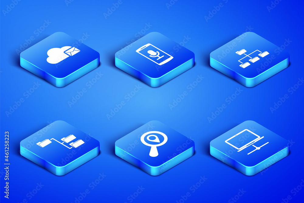 Poster set computer network, cloud mail server, search location, folder tree, mobile recording and icon. ve