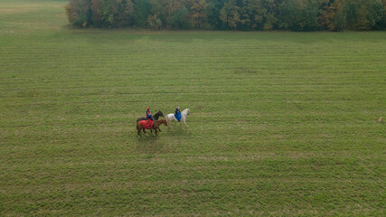 Aerial view of group of fox hunters on the horses in the autumn field. Equestrian riding sport in a...