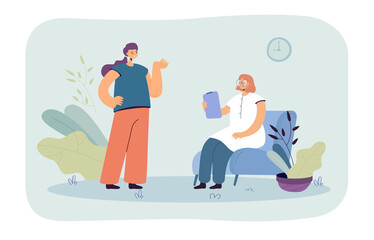 Female patient at counselling session at psychologist office. Therapist listening to woman flat vector illustration. Mental health, psychology concept for banner, website design or landing web page