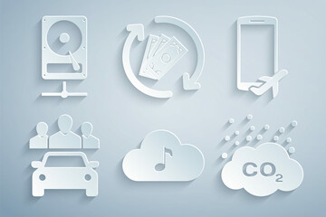 Set Music streaming service, Flight mode the mobile, Car sharing, CO2 emissions cloud, Refund money and Hard disk drive network icon. Vector