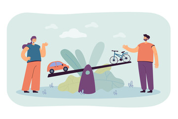 Cartoon couple comparing car to bicycle on seesaw. Choosing between eco transport and automobile flat vector illustration. Ecology, transportation concept for banner, website design or landing page