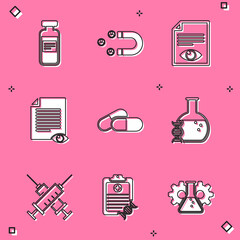 Set Medical vial, ampoule, Customer attracting, Paper page with eye, , Medicine pill or tablet and DNA research, search icon. Vector