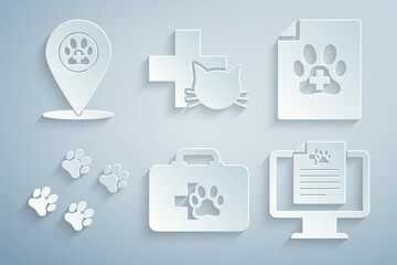 Set Pet first aid kit, Medical certificate for dog or cat, Paw print, Clinical record pet on monitor, Veterinary clinic and Location veterinary icon. Vector