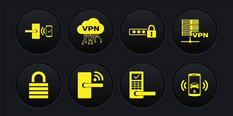 Set Lock, Server VPN, Digital door lock with wireless, , Password protection and Cloud interface icon. Vector