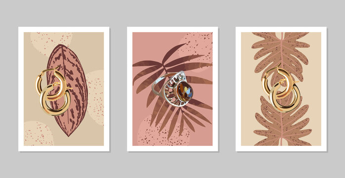 Hand drawn posters with jewelry, leaves and abstract shapes. Modern vector illustrations in collage style.