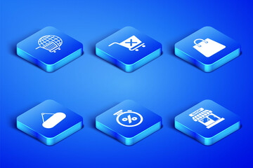 Set Market store, Shopping cart with globe, Stopwatch and percent, Signboard hanging, Remove shopping and Handbag icon. Vector