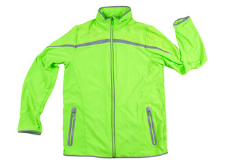 Sports jacket isolated, green jacket for running or cycling on a white background - reflectors on...