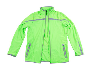 Sports jacket isolated, green jacket for running or cycling on a white background - reflectors on...