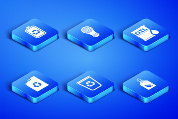 Set Tag with leaf, Battery recycle, Recycle bin, Eco fuel canister, Light bulb world globe and Oil barrel icon. Vector