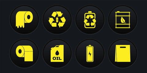 Set Toilet paper roll, Bio fuel barrel, Canister machine, Battery, with recycle, Shopping bag and icon. Vector