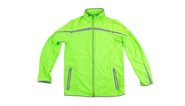 Sports jacket isolated, green jacket for running or cycling on a white background - reflectors on the jacket