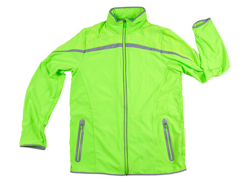 Sports jacket isolated, green jacket for running or cycling on a white background - reflectors on the jacket