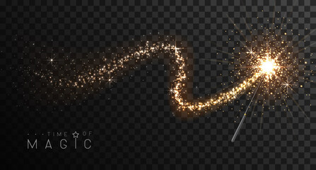 Magic wand with golden glowing shiny trail.  Isolated on black transparent background. Vector illustration - obrazy, fototapety, plakaty