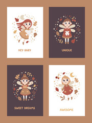 Cute vector magic cards, magical fairy-tale set with tooth fairy, fabulous fairies characters, autumn leaves, berries, branches, plants, bubble, wings, stars