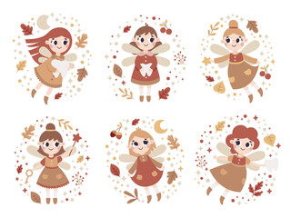 Cute vector autumn clipart, magical fairy-tale set with tooth fairy, fabulous fairies characters, autumn leaves, berries, branches, plants, bubble, wings, stars