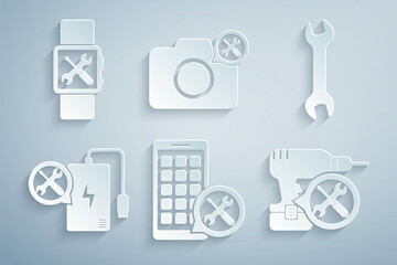 Set Mobile Apps service, Wrench, Power bank, Drill machine, Photo camera and Smartwatch icon. Vector