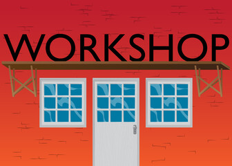 Obraz premium Workshop text with front door background. Bar, Cafe or drink establishment front with poster.