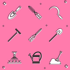 Set Garden trowel spade or shovel, Gardening handmade scissor, Sickle, rake, Automatic irrigation sprinklers and Watering can icon. Vector