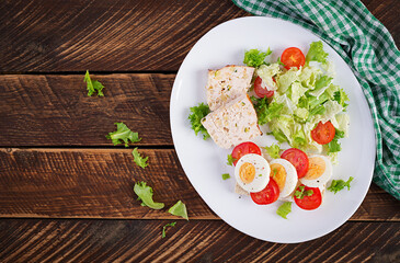 Plate with a keto diet food. Sandwich with boiled egg and tomatoes. Meatloaf and salad. Keto, paleo breakfast. Top view, flat lay