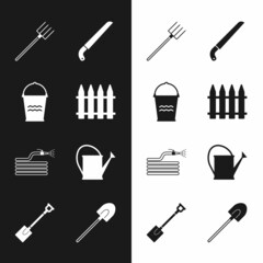 Set Garden fence, Bucket, pitchfork, saw, hose fire hose, Watering can, shovel and icon. Vector