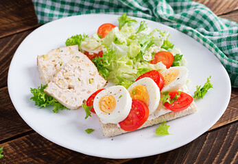 Plate with a keto diet food. Sandwich with boiled egg and tomatoes. Meatloaf and salad. Keto, paleo breakfast.