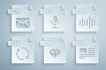 Set RUBY file document, WAV, GIF, PDF, OGG and EML icon. Vector