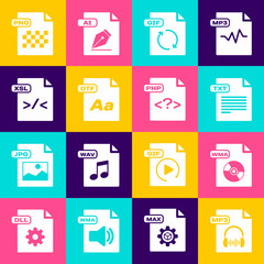 Set MP3 file document, WMA, TXT, GIF, OTF, XSL, PNG and PHP icon. Vector