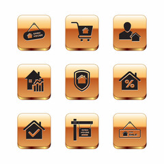 Set Hanging sign with Open house, House check mark, under protection, Rising cost of housing, Realtor, For Sale and Shopping cart icon. Vector